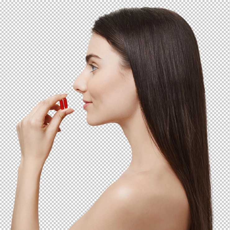 PSD perfil de atractiva mujer desnuda tomando vitaminas
