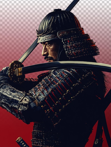 Perfil de um samurai feroz em armadura tradicional