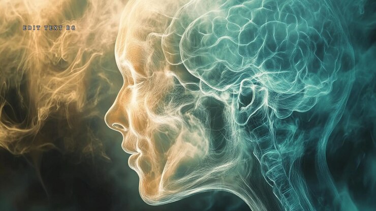 PSD el perfil etéreo humeante de la cabeza de una mujer con un cerebro visible