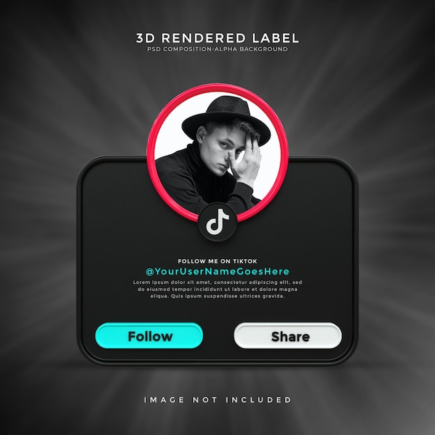 Perfil de icono de banner brillante en diseño de etiqueta de renderizado 3d de tiktok negro