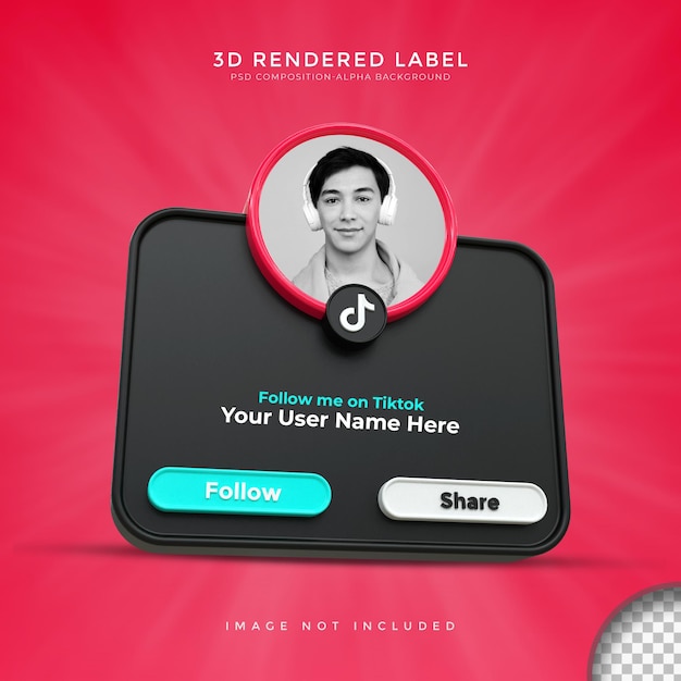 Perfil de icono de banner brillante en diseño de etiqueta de renderizado 3d de tiktok negro