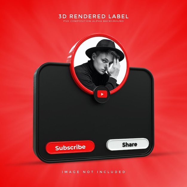 PSD perfil de icono de banner brillante en diseño de etiqueta de renderizado 3d de youtube negro