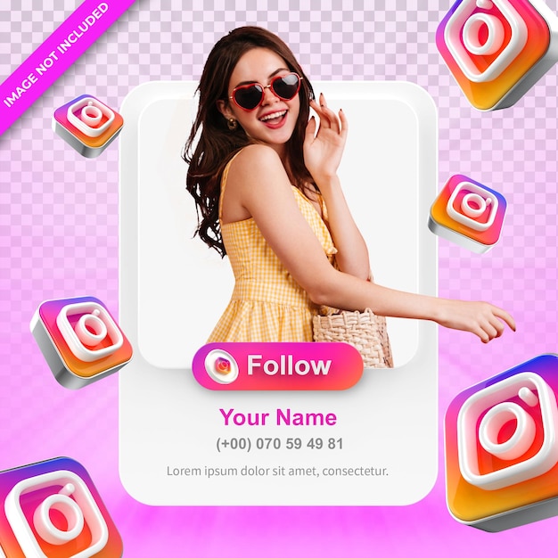 Perfil de icono de banner en etiqueta de representación 3d de Instagram aislada