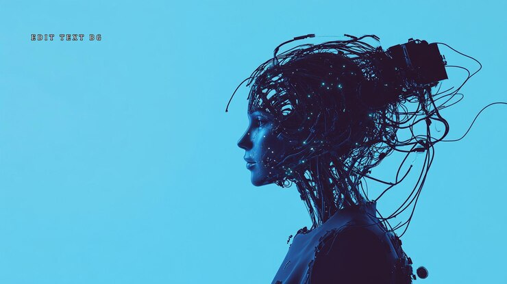 PSD el perfil de la mujer cyborg de fondo azul arte digital