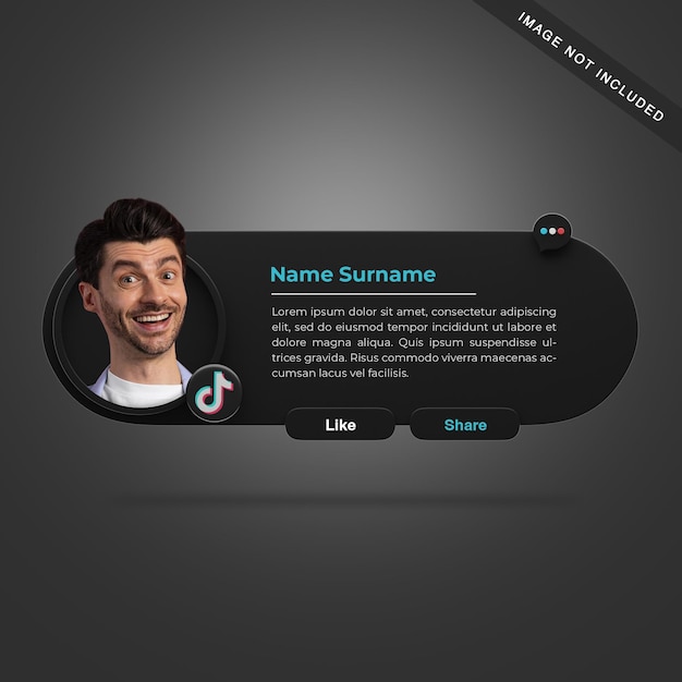 PSD perfil tiktok de renderização 3d com botões curtir e compartilhar