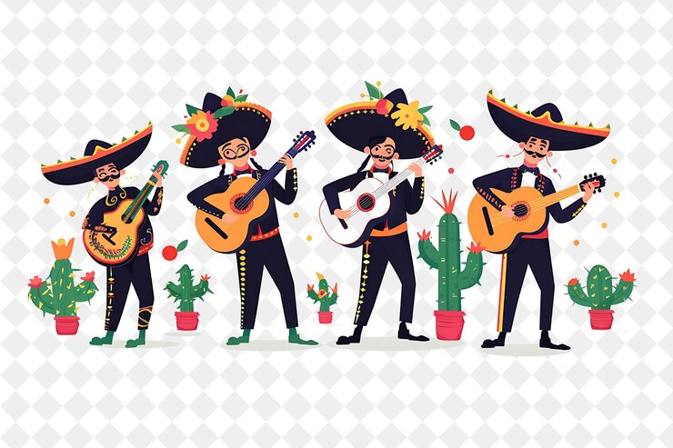 PSD performance de la banda de mariachi de primavera con personajes tocando en el festival png ilustraciones de arte plano 2d