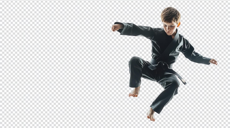 PSD performance dinámica de artes marciales por un niño en uniforme para la promoción deportiva
