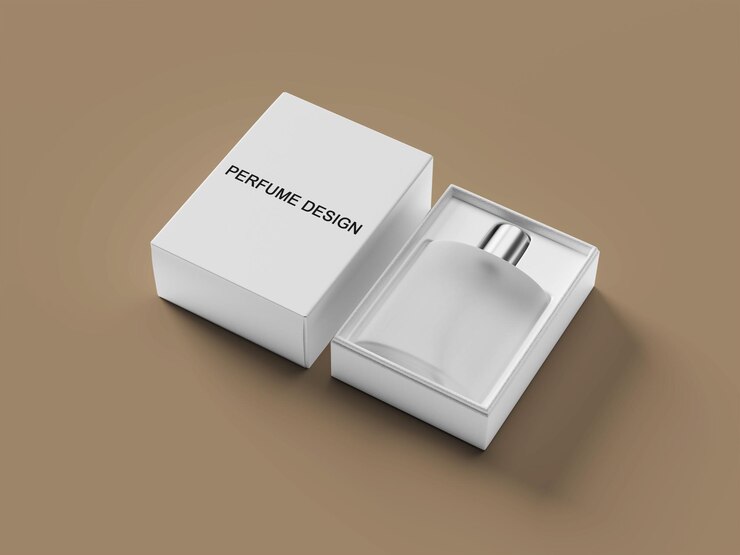 PSD perfume bottle mockup in white box