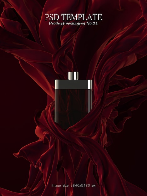 Perfume de luxo com tecido vermelho no fundo escuro 3D Render