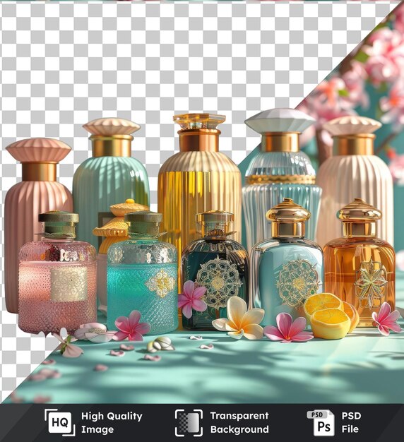 PSD perfumes tradicionais eid al fitr exibidos em uma mesa azul adornada com flores cor-de-rosa e brancas contra uma parede azul com uma garrafa de vidro em primeiro plano