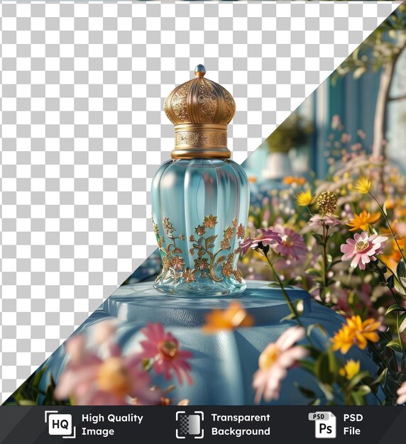 PSD perfumes tradicionales transparentes de alta calidad psd eid al fitr exhibidos en una base azul rodeada por una colorida variedad de flores que incluyen rosa amarillo y rosa y