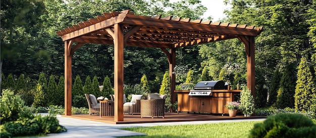 Pérgola de madeira com móveis de pátio e churrasqueira em um quintal