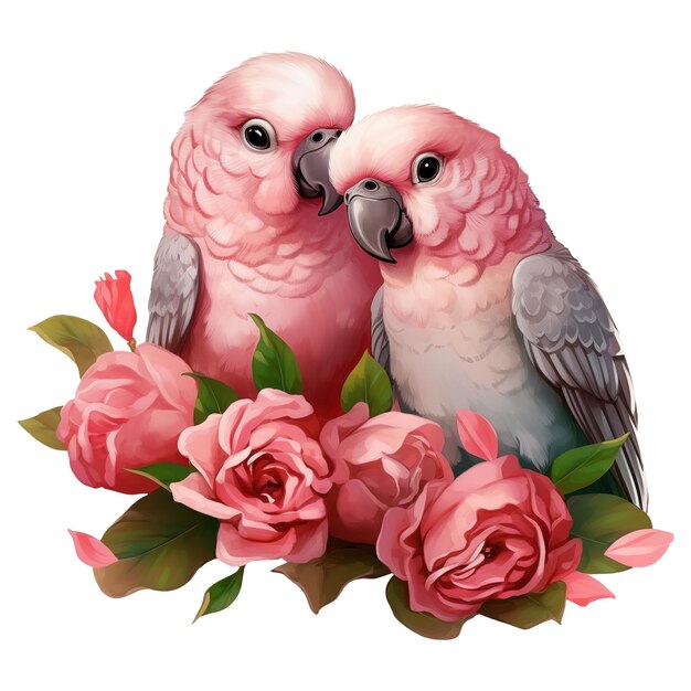PSD periquito de dois pássaros com imagem gerada por ia de rosas