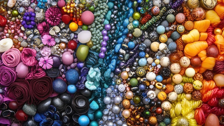 PSD perlas de colores, gemas y flores de tela dispuestas en un vibrante patrón de arco iris