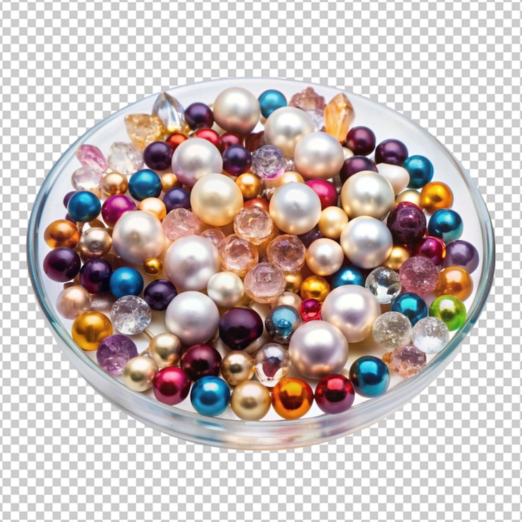 PSD perlas y piedras preciosas brillando en la placa transparente en colores vibrantes