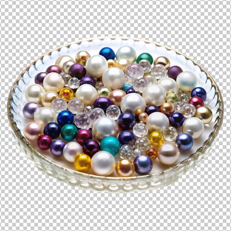 PSD perlas y piedras preciosas brillando en la placa transparente en colores vibrantes
