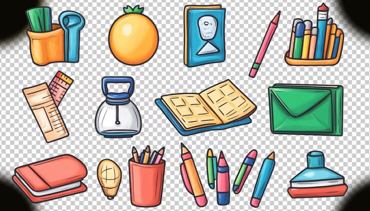 PSD perlengkapan sekolah dengan latar belakang transparan