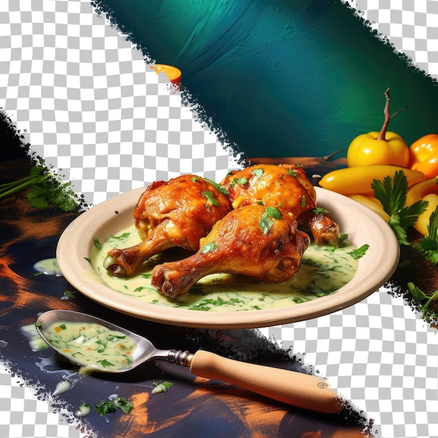 PSD pernas de frango servidas com condimento e verduras de fundo transparente