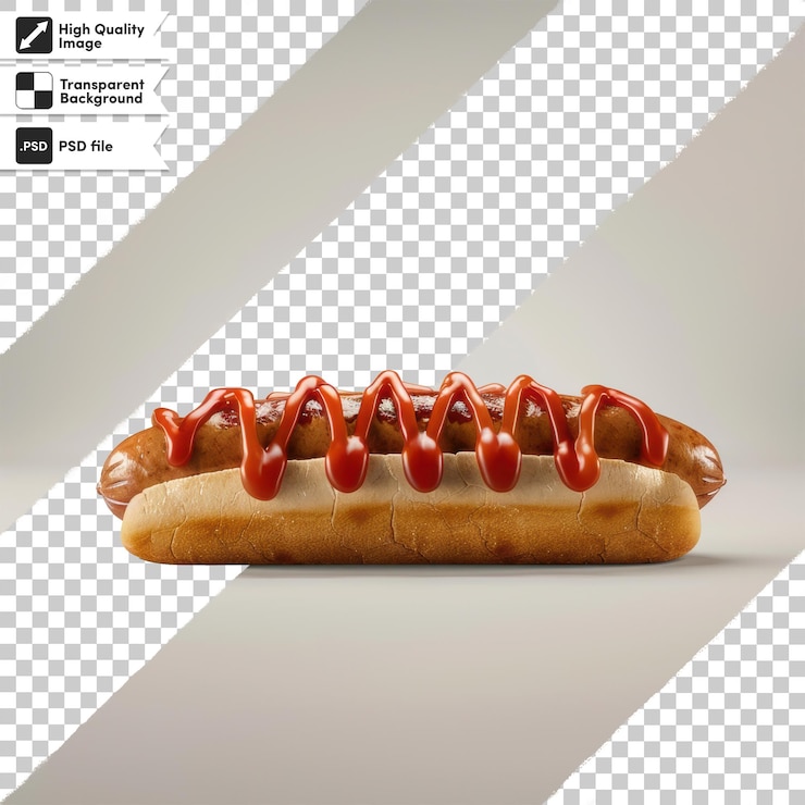 PSD un perrito caliente con ketchup y una imagen de un perro caliente en un fondo de cuadrícula