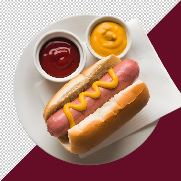 PSD un perrito caliente con mostaza y ketchup está en un plato