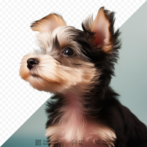 PSD perrito morkie macho de 4 meses adorable y curioso fotografiado de perfil con un juguete esponjoso