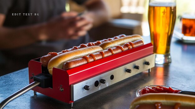 Los perritos calientes cocinando en un cocinero eléctrico rojo al aire libre con una cerveza