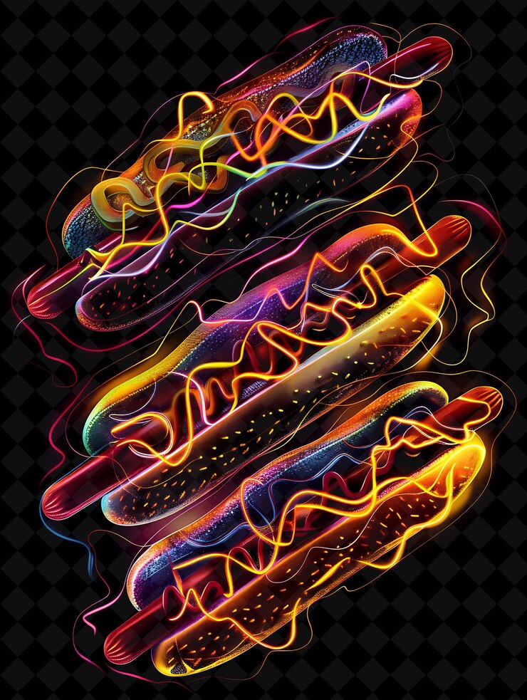 PSD los perritos calientes transparentes brillantes dispuestos en un patrón de zigzag ho neon color comida bebida colección y2k