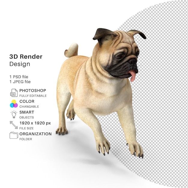 PSD perro 3d - pug - imagen de renderizado 3d - perro realsitic