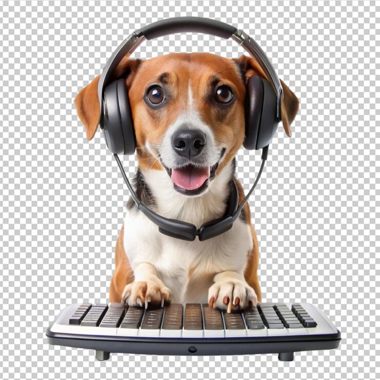 PSD un perro adorable con auriculares y sosteniendo una c en un fondo transparente