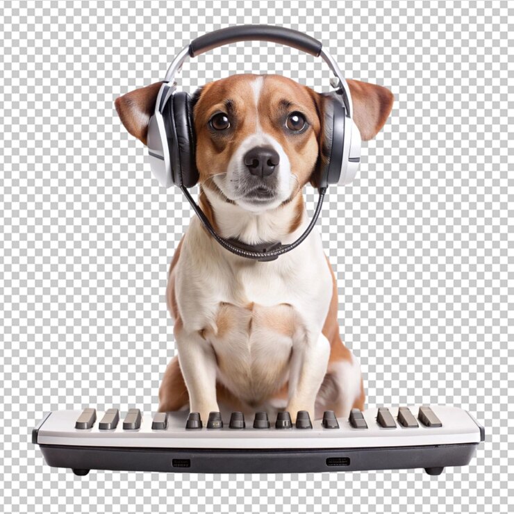PSD un perro adorable con auriculares y sosteniendo una c en un fondo transparente