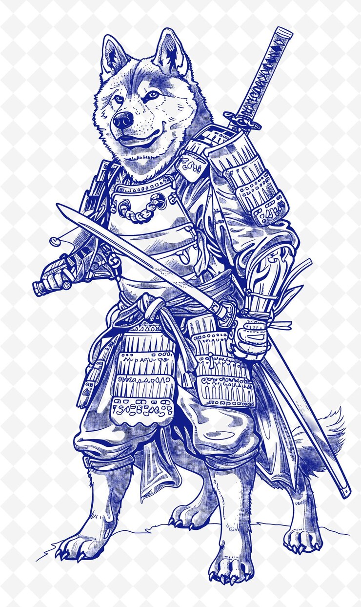 PSD perro de akita con una espada y una armadura de samurái que se ve poderoso un dibujo de animales colecciones de arte vectorial