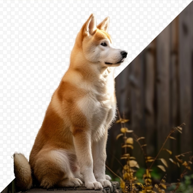 El perro akita inu se sienta frente a la valla y mira hacia los lados perro contento y feliz en la naturaleza de verano