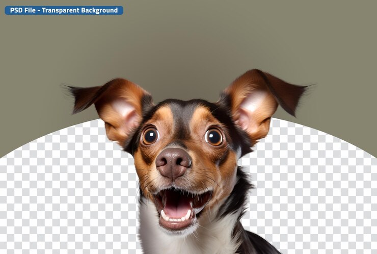PSD un perro asombrado con ojos grandes da un primer plano de su loca sorpresa