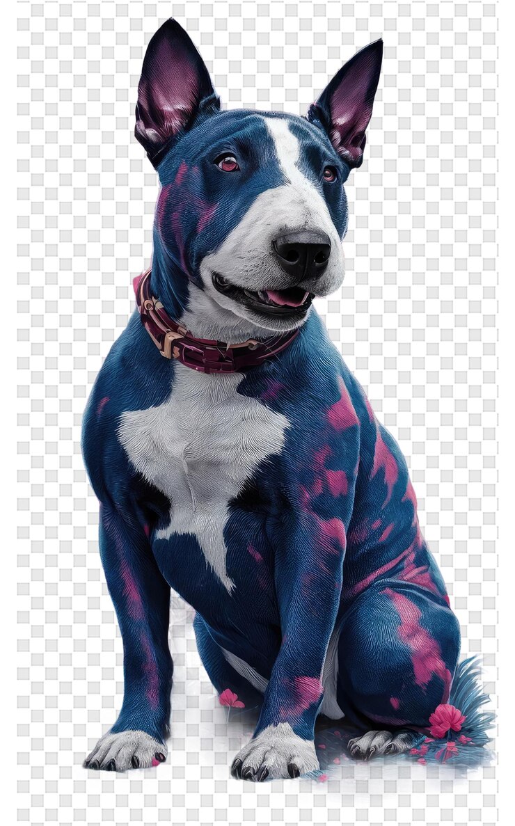 PSD un perro azul y blanco con un collar púrpura y un collar rosa