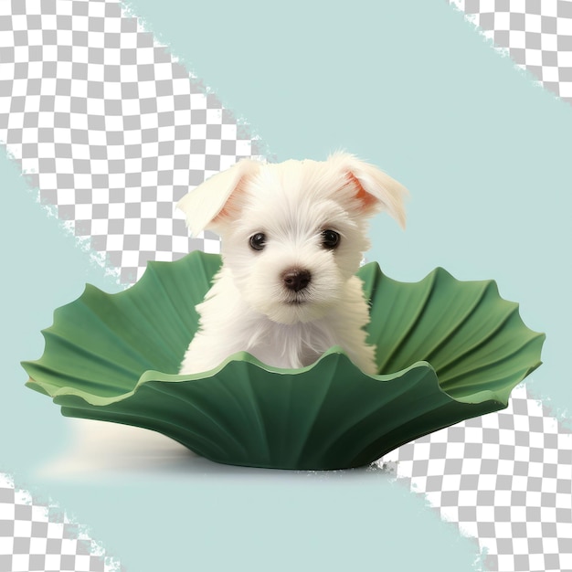 PSD perro blanco en la hoja de la flor.