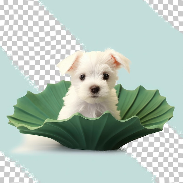 Perro blanco en la hoja de la flor.