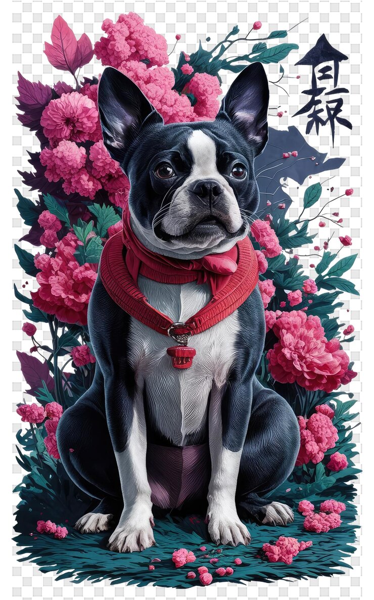 PSD un perro blanco y negro está sentado frente a unas flores rosas