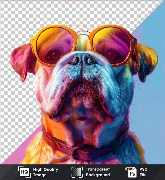 PSD perro bulldog transparente con gafas de sol en un fondo rosado