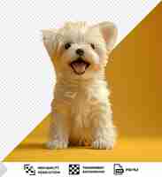 PSD perro cachorro cachorro canino mascota lindo juguetón cachorro o mascota está jugando y mirando feliz concepto de movimiento movimiento hombres delante de un fondo amarillo png