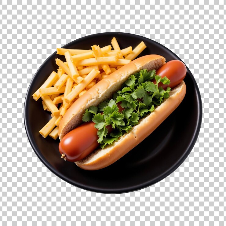 PSD perro caliente con cilantro y papas fritas en un plato negro sobre un fondo transparente