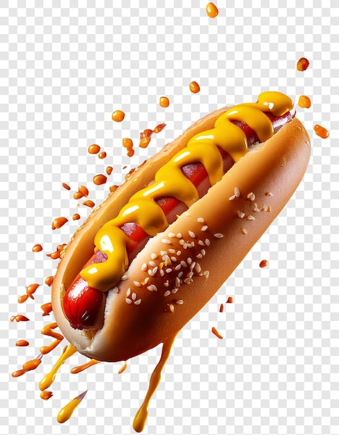 Perro caliente clásico con mostaza y ketchup aislado sobre un fondo transparente