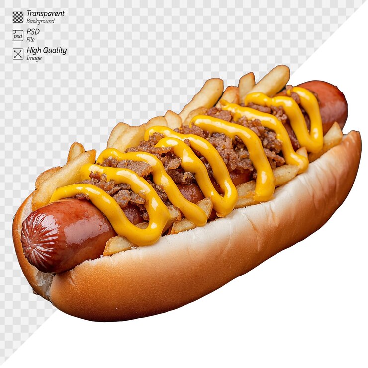 PSD perro caliente gourmet con patatas fritas tocino y mostaza en un pan