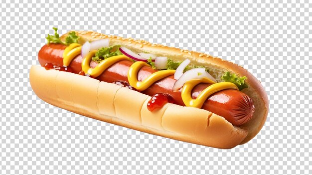 Perro caliente con mostaza y ketchup aislado sobre un fondo transparente Comida rápida