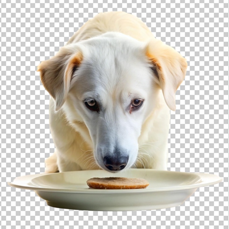 PSD un perro comiendo en un plato sobre un fondo transparente