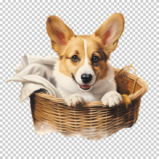 Perro corgi en la canasta aislado en un fondo transparente