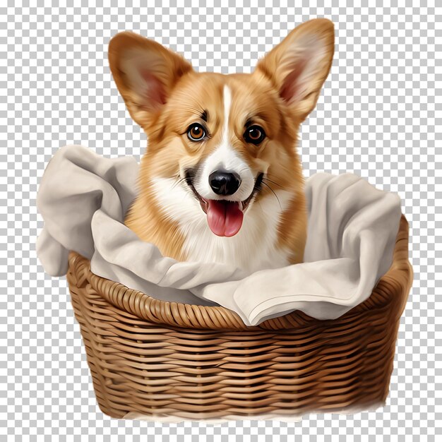 PSD perro corgi en la canasta aislado en un fondo transparente