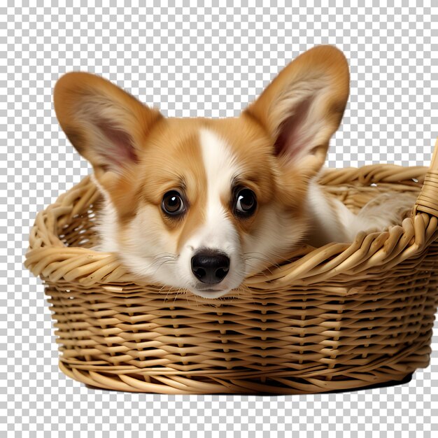 PSD perro corgi en la canasta aislado en un fondo transparente