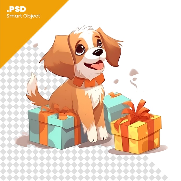 PSD perro de dibujos animados con cajas de regalo ilustración vectorial aislada en plantilla psd de fondo blanco