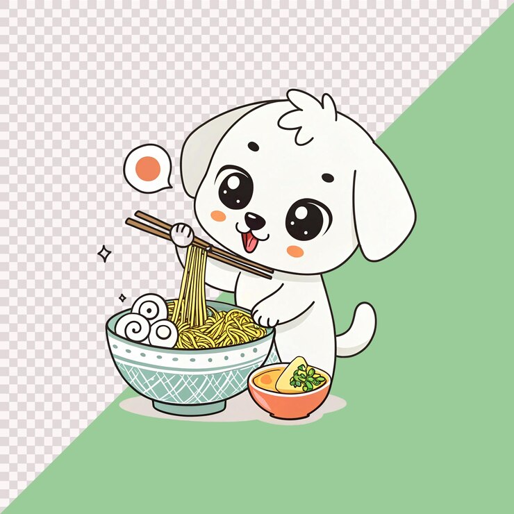 PSD un perro de dibujos animados con un cucharón y un cuenco de fideos