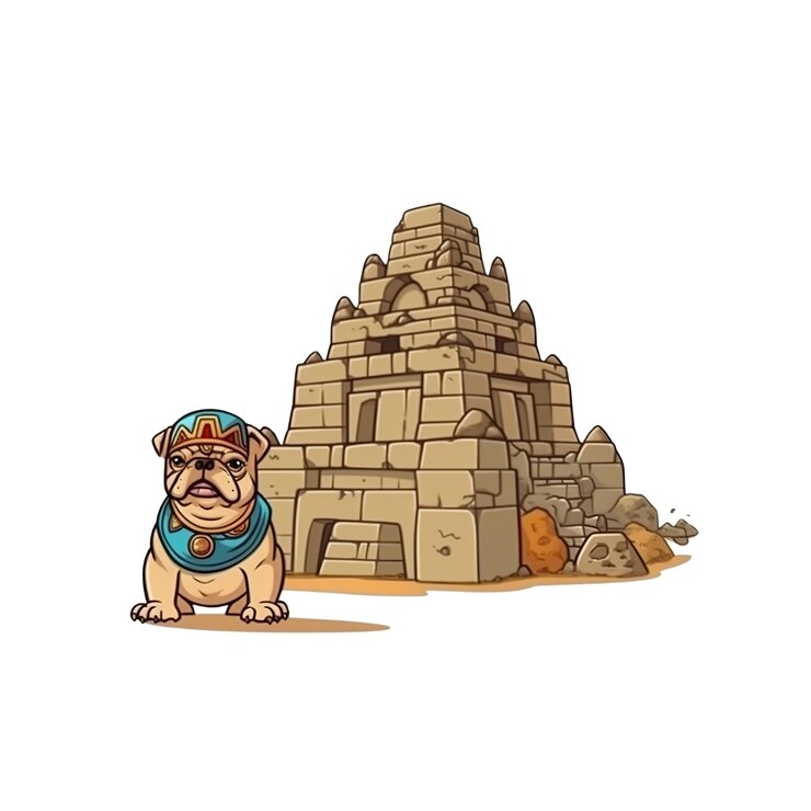 PSD perro de dibujos animados frente a un antiguo templo